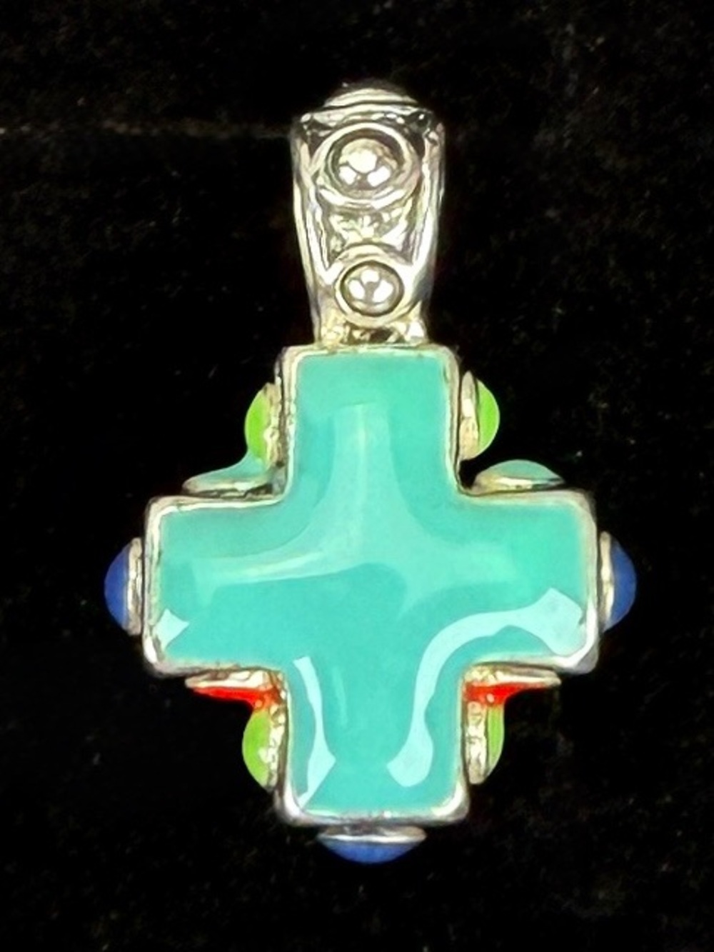 Vintage Faux Turquoise Blue Silvertone Cross Pendant - Picture 7 of 8